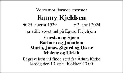 Dødsannoncen for Emmy Kjeldsen - Rønde