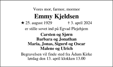 Dødsannoncen for Emmy Kjeldsen - Rønde