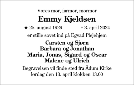 Dødsannoncen for Emmy Kjeldsen - Rønde