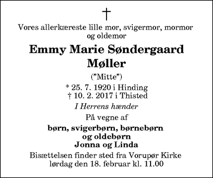 Dødsannoncen for Emmy Marie Søndergaard Møller  - Thisted