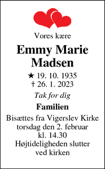 Dødsannoncen for Emmy Marie
Madsen - Søndersø
