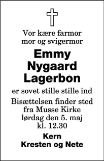 Dødsannoncen for Emmy Nygaard Lagerbon - Nysted