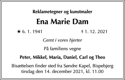 Dødsannoncen for Ena Marie Dam - København