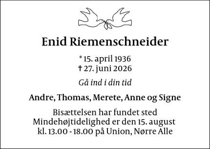 Dødsannoncen for Enid Riemenschneider - København