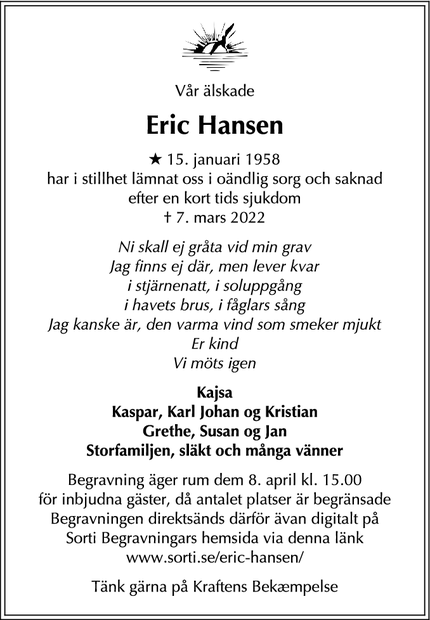 Dødsannoncen for Eric Hansen - Valby