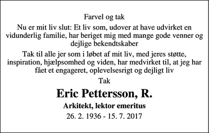 Dødsannoncen for Eric Pettersson, R. - 8300 Odder