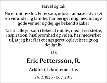 Dødsannoncen for Eric Pettersson, R. - 8300 Odder