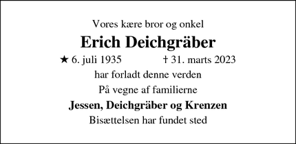 Dødsannoncen for Erich Deichgräber - Odense S