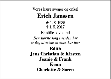 Dødsannoncen for Erich Janssen - Herning