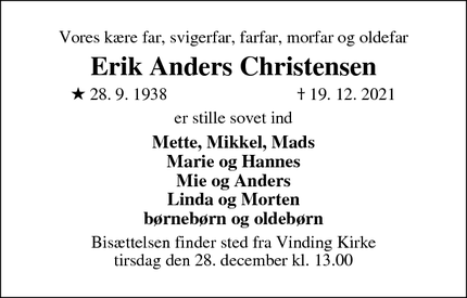 Dødsannoncen for Erik Anders Christensen - Vejle