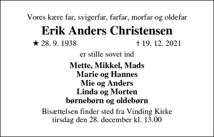 Dødsannoncen for Erik Anders Christensen - Vejle