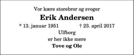 Dødsannoncen for Erik Andersen - Ulfborg