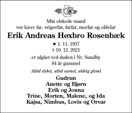 Dødsannoncen for Erik Andreas Høxbro Rosenbæk - Nr. Sundby/Sønderborg