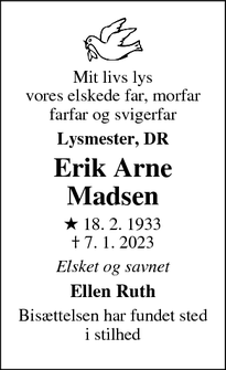 Dødsannoncen for Erik Arne
Madsen - Frederiksberg
