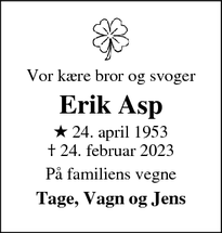 Dødsannoncen for Erik Asp - Støvring