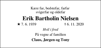 Dødsannoncen for Erik Bartholin Nielsen - Fur