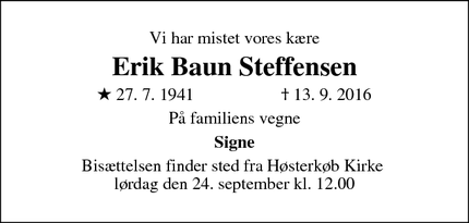 Dødsannoncen for Erik Baun Steffensen - Birkerød