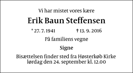 Dødsannoncen for Erik Baun Steffensen - Birkerød