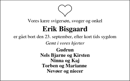 Dødsannoncen for Erik Bisgaard - Aars