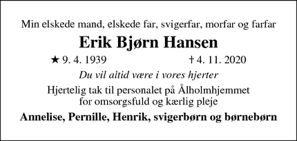 Dødsannoncen for Erik Bjørn Hansen - GRÆSTED