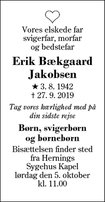 Dødsannoncen for Erik Bækgaard Jakobsen - Herning