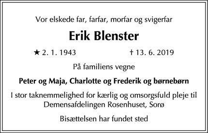 Dødsannoncen for Erik Blenster - Sorø