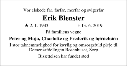 Dødsannoncen for Erik Blenster - Sorø