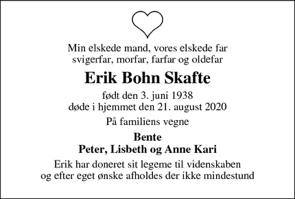 Dødsannoncen for Erik Bohn Skafte - Ejstrupholm