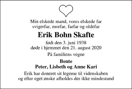 Dødsannoncen for Erik Bohn Skafte - Ejstrupholm