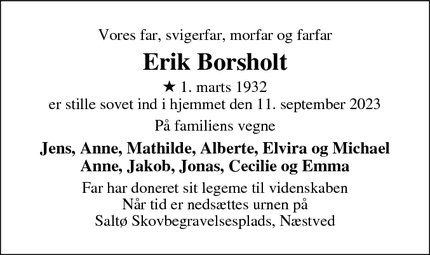 Dødsannoncen for Erik Borsholt - Brøndby