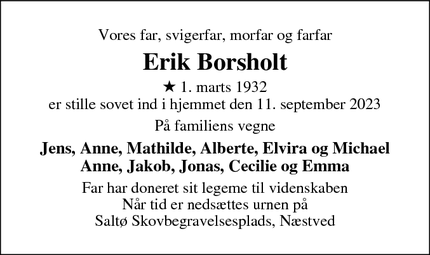 Dødsannoncen for Erik Borsholt - Brøndby