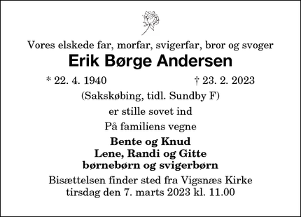 Dødsannoncen for Erik Børge Andersen - Sakskøbing