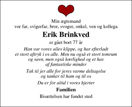 Dødsannoncen for Erik Brinkved - Rønne