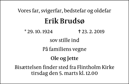 Dødsannoncen for Erik Brudsø - Frederiksberg