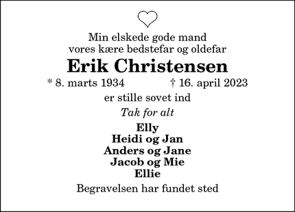 Dødsannoncen for Erik Christensen - Karlby, Hobro