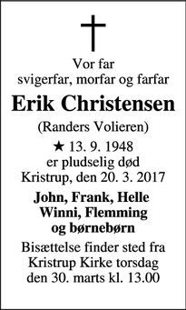 Dødsannoncen for Erik Christensen - Randers