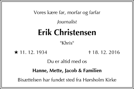 Dødsannoncen for Erik Christensen - Hørsholm
