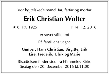 Dødsannoncen for Erik Christian Wolter - Roskilde
