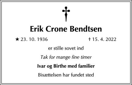 Dødsannoncen for Erik Crone Bendtsen - Hornbæk