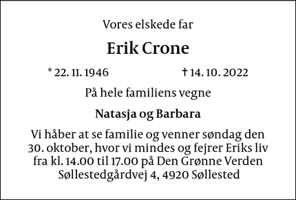 Dødsannoncen for Erik Crone - Søllested