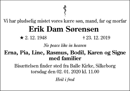 Dødsannoncen for Erik Dam Sørensen  - Silkeborg