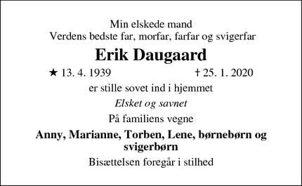Dødsannoncen for Erik Daugaard - Odder