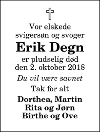 Dødsannoncen for Erik Degn - Hobro