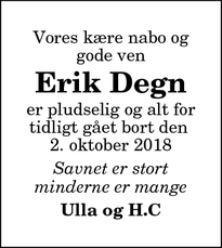 Dødsannoncen for Erik Degn - Hobro