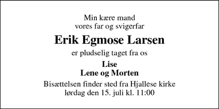 Dødsannoncen for Erik Egmose Larsen - Odense
