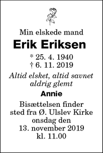 Dødsannoncen for Erik Eriksen   - Ø. Ulslev
