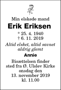 Dødsannoncen for Erik Eriksen - Ø. Ulslev