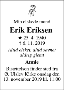 Dødsannoncen for Erik Eriksen   - Ø. Ulslev