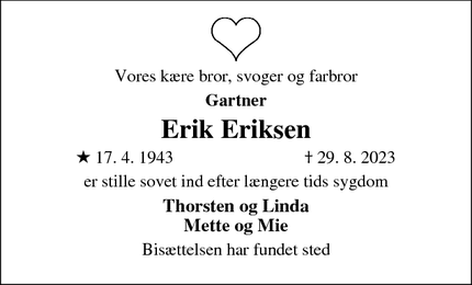 Dødsannoncen for Erik Eriksen - Otterup