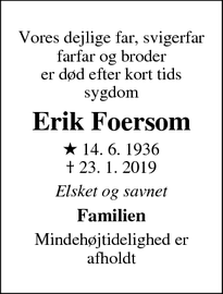 Dødsannoncen for Erik Foersom - Vestbirk